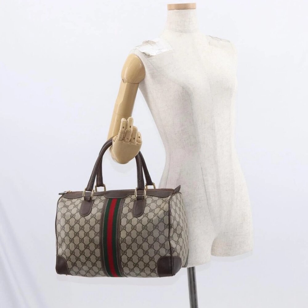 GUCCI GG Supreme Web Sherry Line Hand Bag PVC Beige Gold Auth ka659
